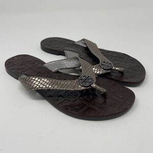 TORY BURCH Sandals Thora Silver Leather Snakeskin Flip Flop Women’s Size 4 Flat